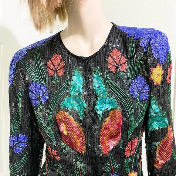 Vintage 80’s 90’s Abstract Floral Print Fully Beaded Sequined Blazer Jacket M - Picture 7 of 16